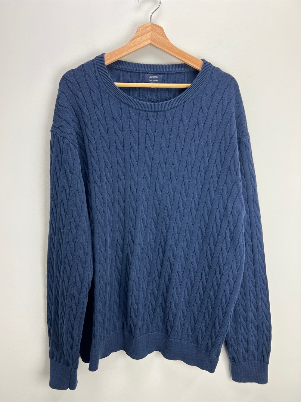 J Crew Cotton Cable Crewneck Sweater Navy Blue Preppy Mens XXL